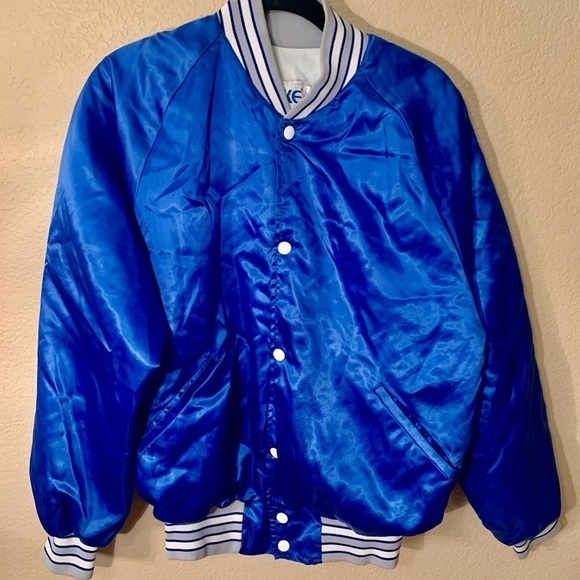 RARE Vintage BIKE Jacket Medium Blue Satin Unisex Grey White Band Trim Made USA - Picture 1 of 14